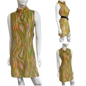 Groovy Handmade One of a Kind 60s / 70s Psychedelic Swirl Mock Neck Mini Dress